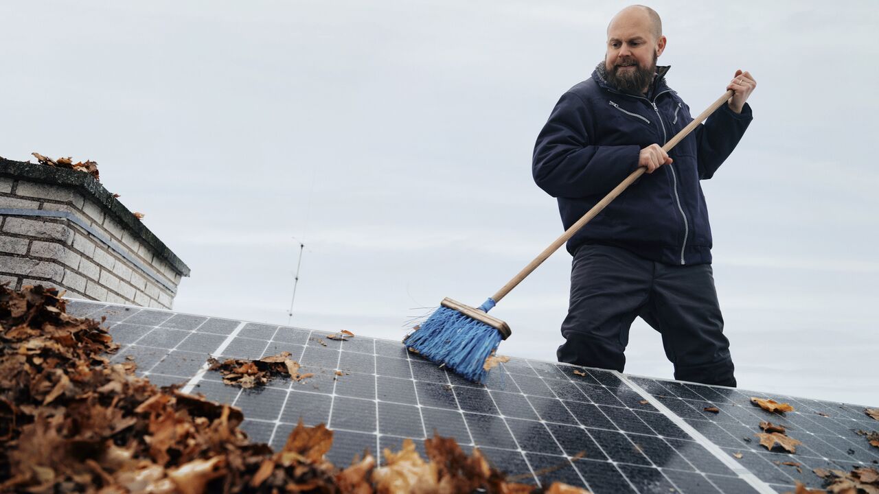 Mand fejer blade af solceller